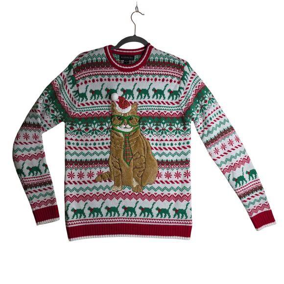 Cat Ugly Sweater Sm Santa Holidays Red Green Cat with Tie OrangeTabby Fun Unique - Picture 2 of 11